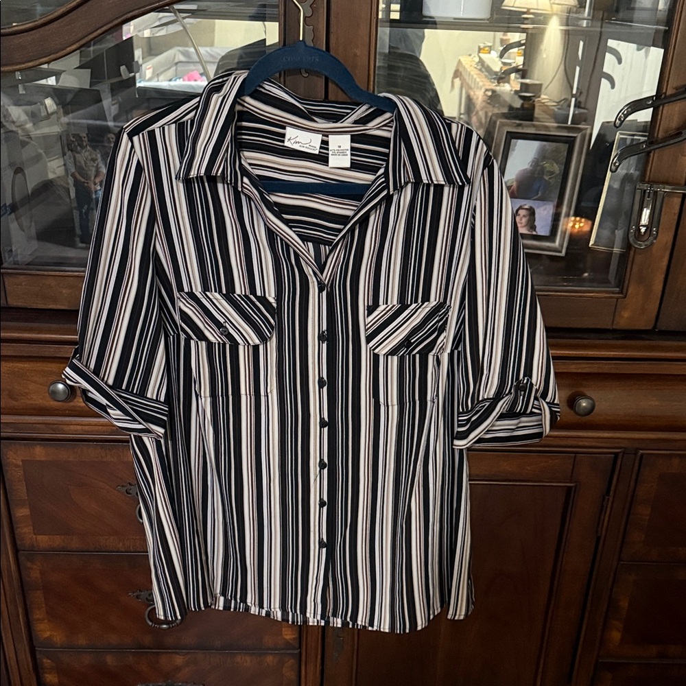 Kim Rogers Black and White Striped Button Down Shirt